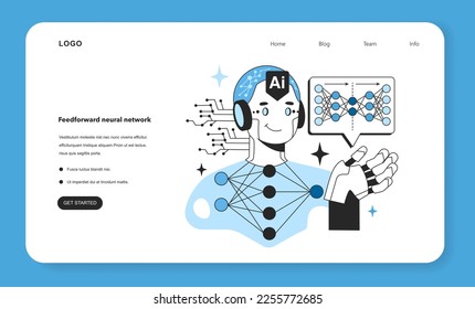 Feedforward artificial neural network web banner or landing page. Self-learning computing system for data processing. Deep machine learning modern technology. Flat vector illustration