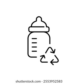 Feeding baby bottle and recycling arrows. Sustainable parenting, eco conscious choices. Pixel perfect vector icon