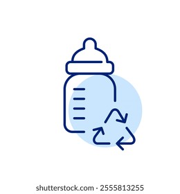 Feeding baby bottle and recycling arrows. Sustainable parenting, eco conscious choices. Pixel perfect, editable stroke icon