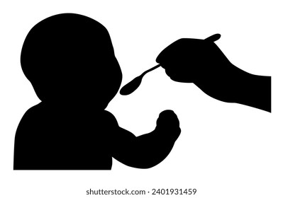 Feeding baby, charming little baby eating food, hand and food for infant child silhouette