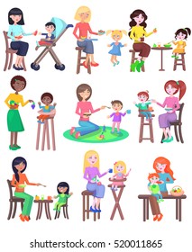 Feeding baby illustration. Young mothers of different nationalities feeding their babies set. Chair for baby. Playground. Kindergarten. Lovely kids have a meal. Food consumption. Vector in flat style