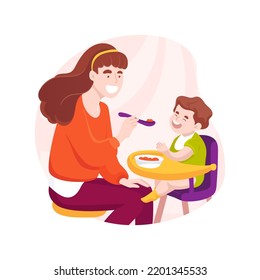 Feeding baby with a spoon isolated cartoon vector illustration. Adult feeds baby, infant eats from a spoon, eating habit, early childhood, developmental milestone, kindergarten vector cartoon.