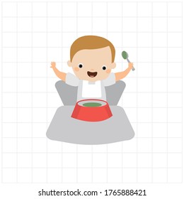 Feeding. Baby with a spoon sitting in the highchair. Cartoon vector illustration.