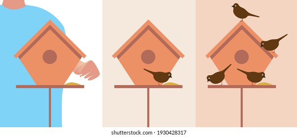 Alimentar a las aves con comida. Ilustración de material vectorial plano. Alimentadores de aves. Los gorriones comen granos. El hombre se alimenta. Concepto de vida silvestre. Ilustración del vector