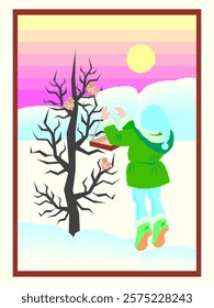 Feeding the Birds in Winter vector clipart illustration