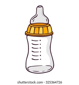 Feeding bottle, bright vector children illustration of cute bottle for feeding with dummy isolated on white
