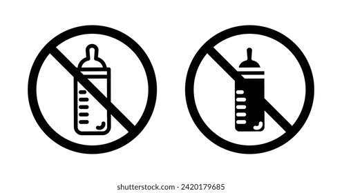 Feeding bottle forbidden icon set. Stop drinking formula baby milk vector symbol in a black filled and outlined style. Feeding bottle bad for health sign.