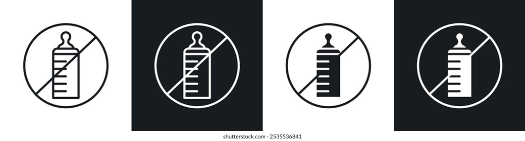 Feeding bottle forbidden vector icon set in black and white. EPS 10 illustration