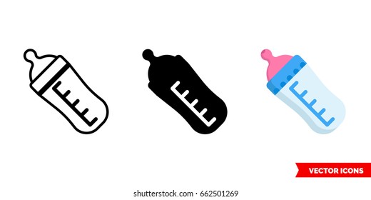 Feeding bottle icon of 3 types: color, black and white, outline. Isolated vector sign symbol.
