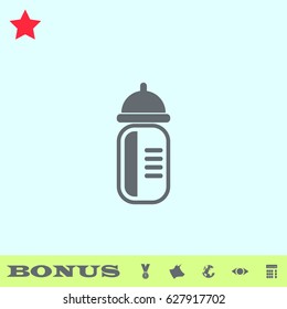 Feeding bottle icon flat. Grey pictogram on blue background. Vector illustration symbol and bonus buttons medal, cow, earth, eye, calculator