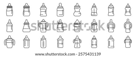 Feeding bottle icons set. Collection of various baby bottles, including classic designs and sippy cups with handles, providing diverse choices for infant feeding