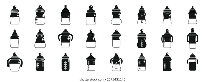 Feeding bottle icons set. Various baby bottles icons set in black showing different types of milk feeding bottles for infants and toddlers