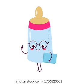 Botella de alimentación con pacificador. Carácter lindo y atractivo en gafas con un libro. Para embalaje, folletos, publicidad, diseño.