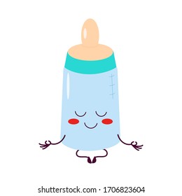 Feeding bottle with pacifier. Cute, attractive character in a yoga pose, relaxation, calm. For packaging, brochures, advertising, design.