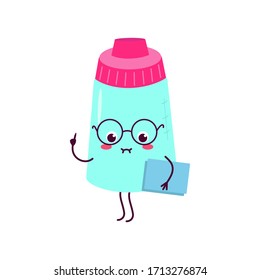Feeding bottle with pacifier. Cute, attractive character in glasses with a book. For packaging, brochures, advertising, design.