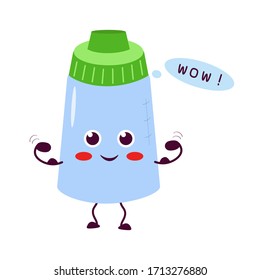 Botella de alimentación con pacificador. Un personaje bonito y atractivo va para los deportes. Para embalaje, folletos, publicidad, diseño.