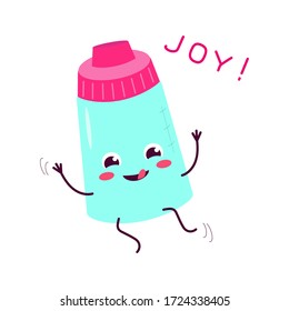 Botella de alimentación con pacificador. Un personaje bonito y atractivo es alegre y alegre. Para embalaje, folletos, publicidad, diseño.