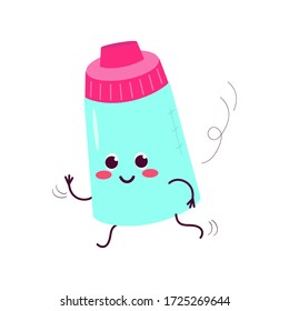 Botella de alimentación con pacificador. El carácter bonito y cuidado es alegre, corriendo, apresurándose. Para embalaje, folletos, publicidad, diseño.
