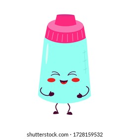 Botella de alimentación con pacificador. Un personaje bonito y atractivo es alegre y alegre. Para embalaje, folletos, publicidad, diseño.
