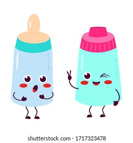 Feeding bottle with pacifier. Two cute attractive characters, angry and joyful. For packaging, brochures, advertising, design.