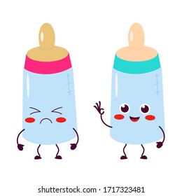 Botella de alimentación con pacificador. Dos lindos personajes atractivos, enojados y alegres. Para embalaje, folletos, publicidad, diseño.