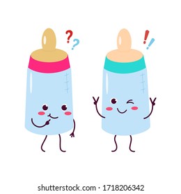 Botella de alimentación con pacificador. Dos lindos personajes atractivos, enojados y alegres. Para embalaje, folletos, publicidad, diseño.