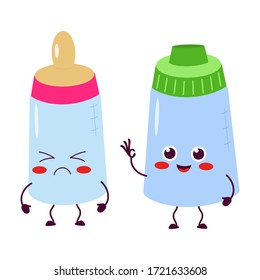 Botella de alimentación con pacificador. Dos lindos personajes atractivos, enojados y alegres. Para embalaje, folletos, publicidad, diseño.