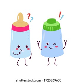 Feeding bottle with pacifier. Two cute attractive characters, angry and joyful. For packaging, brochures, advertising, design.