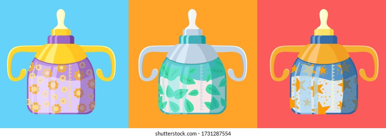 Juego de botellas de alimentación. conjunto de vectores. Ilustración vectorial. Una botella con un dibujo. Patrón de hojas. Patrón de estrellas. Patrón de flores. Kit de alimentación. Botellas de leche. Para los bebés. Azul. Amarillo. Rosa 