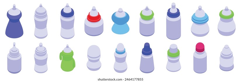 Feeding bottle vector icon. A collection of baby bottles in various colors and sizes. The bottles are arranged in a row, with some being taller and others shorter. Scene is playful and colorful