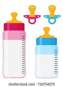 Botellas de alimentación y pacificadores de bebé conjunto de iconos vectoriales planos