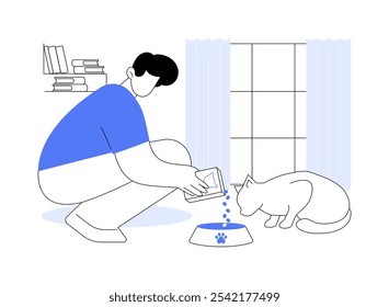 Feeding a cat isolated cartoon vector illustrations. Smiling man pours food for a cat into a bowl, feeding adorable pet, home routine, daily chores, pretty kitty eating vector cartoon.