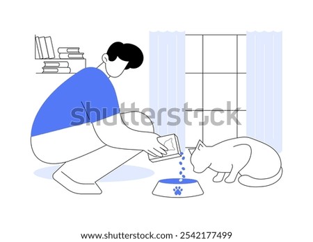 Feeding a cat isolated cartoon vector illustrations. Smiling man pours food for a cat into a bowl, feeding adorable pet, home routine, daily chores, pretty kitty eating vector cartoon.
