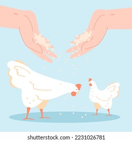Feeding chickens with hand feed flat vector illustration. Unrecognizable farmer giving food to domestic animals. Care, farming, livestock concept for banner, website design or landing web page