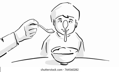 Feeding a child. The boy with a spoon in his nose is sitting at the table in front of a bowl of porridge. Black and white vector sketch. Simple drawing.