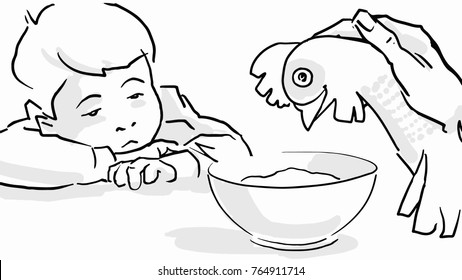 Feeding A Child. Sad Boy With Is Sitting At The Table In Front Of A Bowl Of Porridge. An Adult Hand Holds A Toy Cockerel Near The Bowl. Black And White Vector Sketch. Simple Drawing.