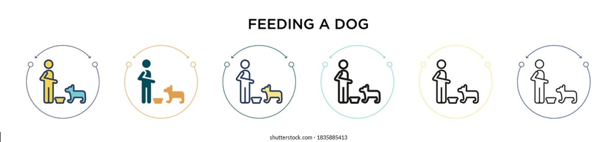 Alimentando un icono de perro con un estilo relleno, delgado, contorno y trazo. Ilustración vectorial de dos alimentos coloreados y negros un diseño de iconos vectoriales de perro se puede usar para móviles, ui, web