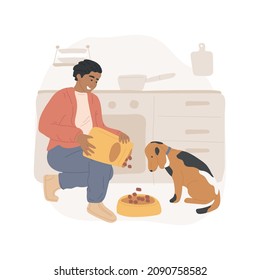 Feeding a dog isolated cartoon vector illustration. Pouring dry food from bag in bowl, dog feeding schedule, caring for pet, daily animal routine, hungry puppy waiting for meal cartoon vector.