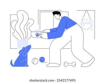 Feeding a dog isolated cartoon vector illustrations. Young man feeding his small adorable dog, pet eating from bowl, home routine, daily chores, leisure time together vector cartoon.