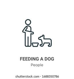Alimentando un icono vectorial de contorno de perro. Línea fina de alimentación negra icono de perro, vector plano ilustración de elemento simple de personas editables concepto de trazo aislado en fondo blanco