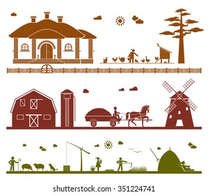 Feeding domestic animals, transporting crops with horse drawn wagon to a windmill, grazing sheep, taking water out of the well, mowing, resting in the field. Agriculture icons.
