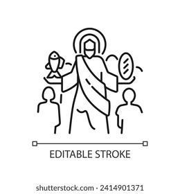 Feeding of five thousands linear icon. Jesus Christ feeds multitude. Miracle of Jesus. Biblical scene. New testament. Thin line illustration. Contour symbol. Vector outline drawing. Editable stroke