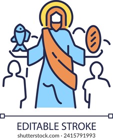 Feeding of five thousands RGB color icon. Jesus Christ feeds multitude. Miracle of Jesus. Biblical scene. New testament. Isolated vector illustration. Simple filled line drawing. Editable stroke