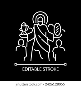 Feeding of five thousands white linear icon for dark theme. Jesus Christ feeds multitude. Miracle of Jesus. Biblical scene. Isolated vector illustration. Simple filled line drawing. Editable stroke