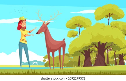 Feeding of forest animal, smiling girl giving food to deer on blue sky background cartoon vector illustration