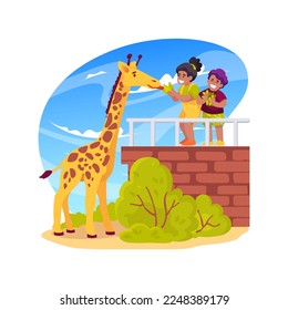 Feeding giraffe isolated cartoon vector illustration. Visiting a zoo, kid giving food to giraffe, animal feeding station, wildlife experience for children, family travel vector cartoon.