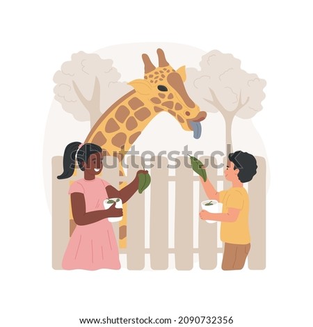 Feeding giraffe isolated cartoon vector illustration. Visiting a zoo, kid giving food to giraffe, animal feeding station, wildlife experience for children, family travel cartoon vector.