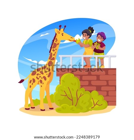 Feeding giraffe isolated cartoon vector illustration. Visiting a zoo, kid giving food to giraffe, animal feeding station, wildlife experience for children, family travel vector cartoon.