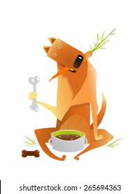 Feeding Happy Red Dog Healthy Balanced Diet. Looking after a dog and taking care of it. Colorful cartoon illustration. Vector EPS10. 