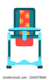 Feeding high chair flat vector illustration. Comfortable seat for little babies with tray. Movable highchair isolated on white background. Furniture for toddlers, childcare accessory front view